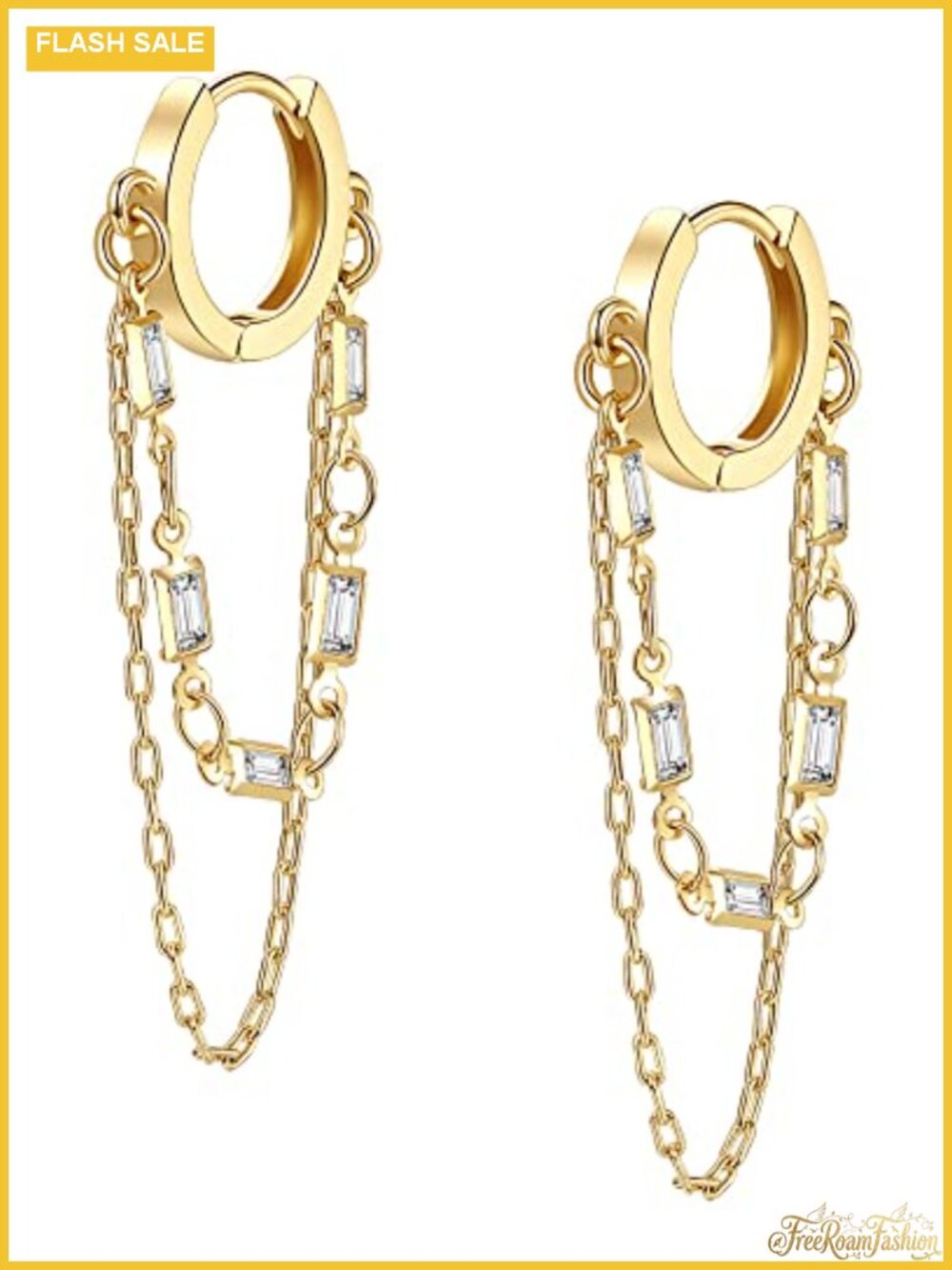 Tassel Chain Gold Hoop Dangle Earrings for Women CZ 14K Gold Plated